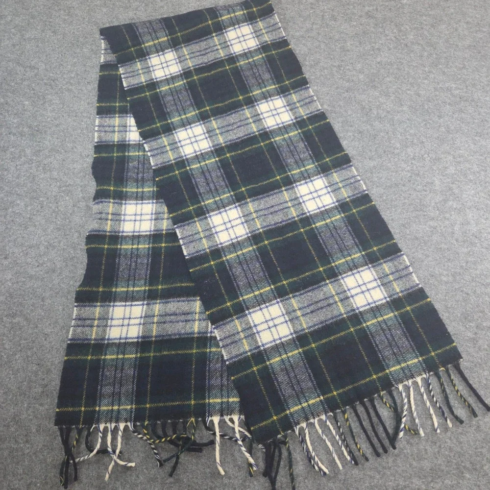 Gordon Dress Tartan Plaid Scarf Navy Green White Yellow Fringe 56 x 12